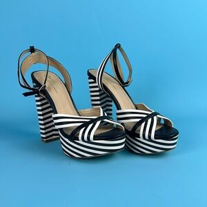 Black and White Striped Strappy Heel Sandals
